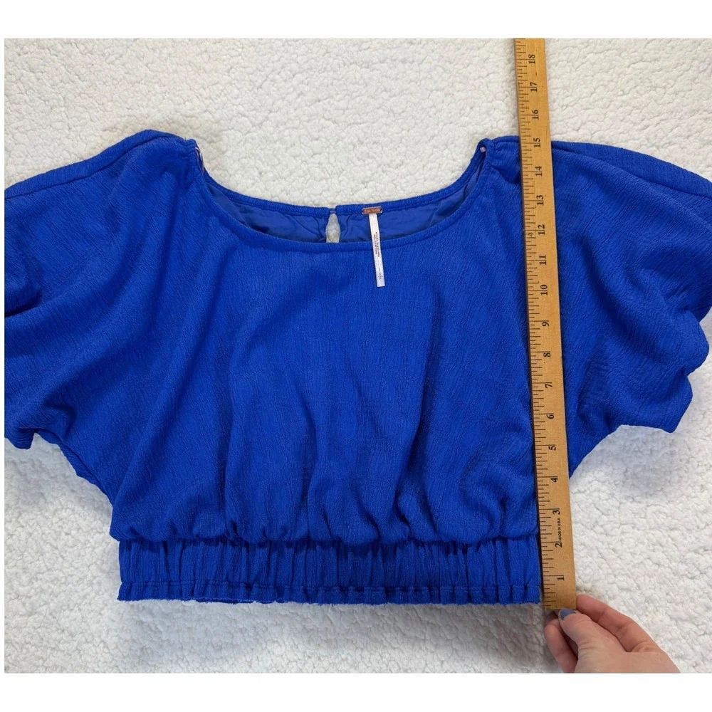 Free People Tovah Royal Blue‎ Crop Top S Smocked Hem Flutter Sleeve Crepe Blouse